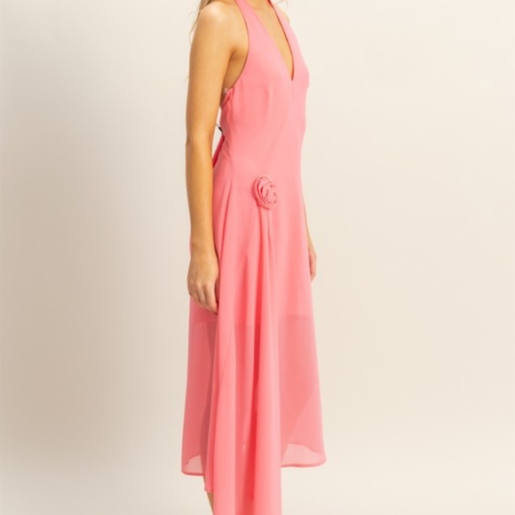 NWT HYFVE Pink Chiffon Halter Dress with Rose Detail - Asymmetrical Hem, S-L - Picture 2 of 5